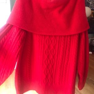 red cable knit over the shoulder sweater dress